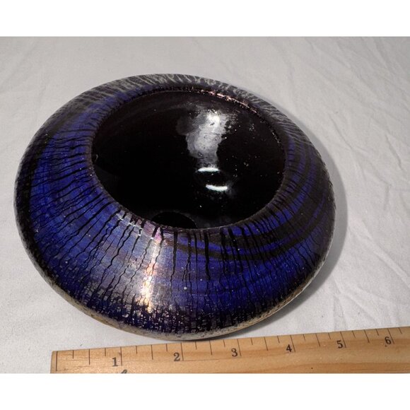 Hand Blown Artist Signed Glass Bowl Iridescent Blue peacock Rogers ? - Picture 7 of 8